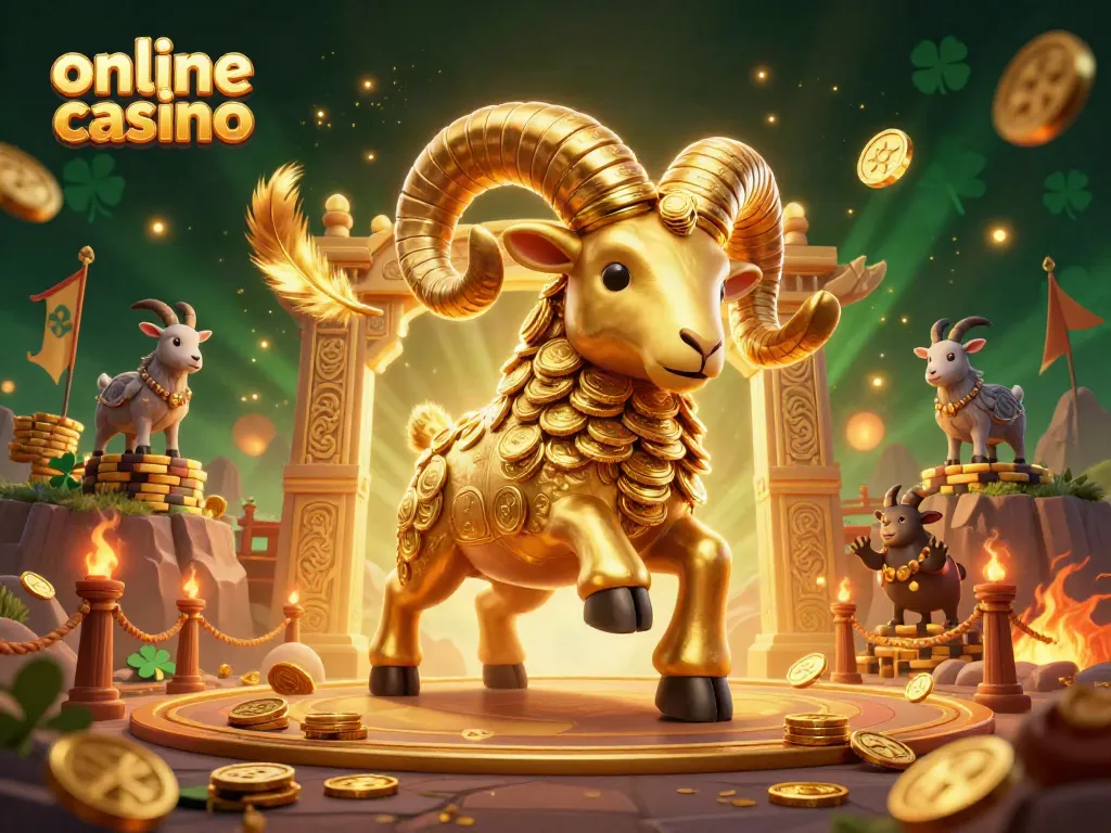 Experience the excitement of an online casino with a golden ram charging through a dynamic scene filled with coins.