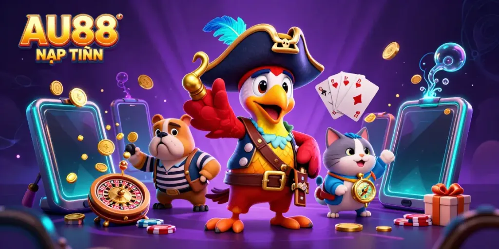 Engage in thrilling gambling with AU88 NẠP TIỀN, featuring playful pirate-themed characters and vibrant casino elements.