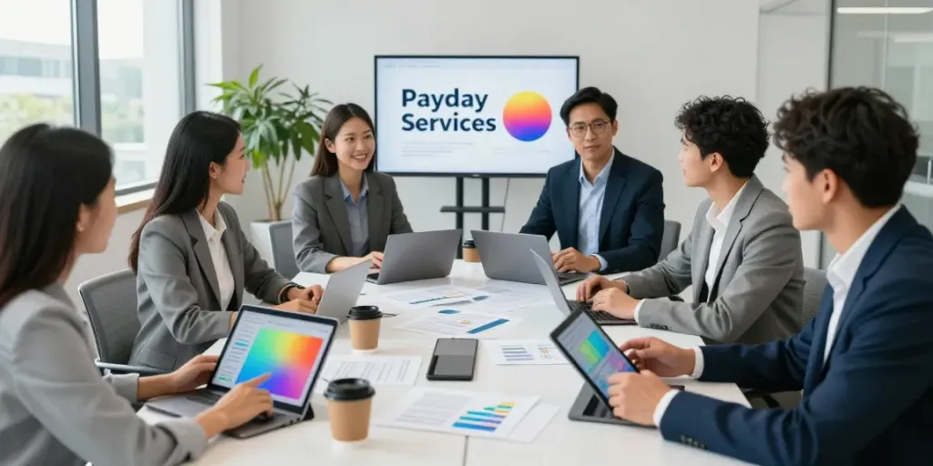 Payday Loans Co financial team collaborating on innovative solutions.