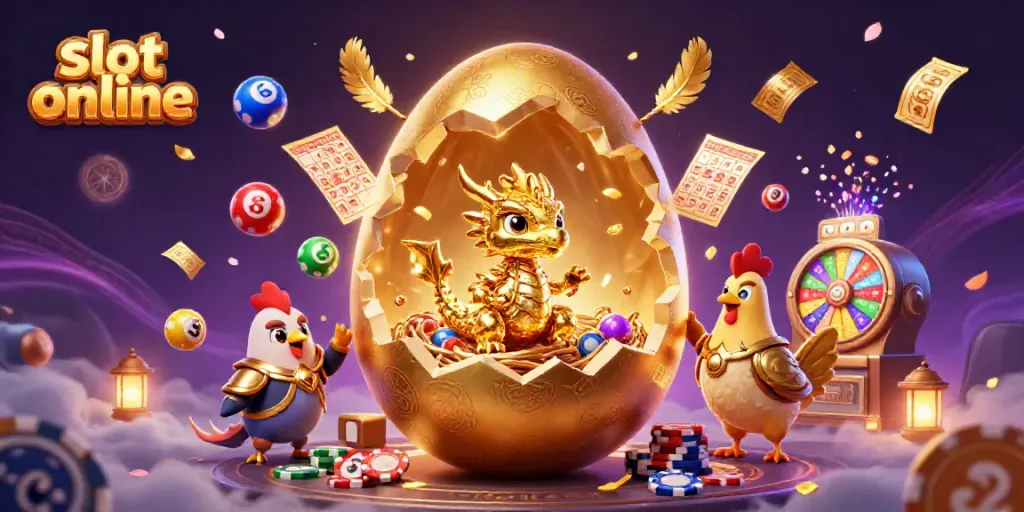 Menggambarkan slot online dengan telur emas, naga kristal, dan bola lotere berwarna.