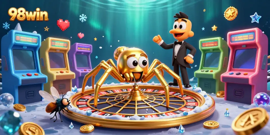 Engage in thrilling bets with 98win, featuring a spider-themed roulette and vibrant gaming elements