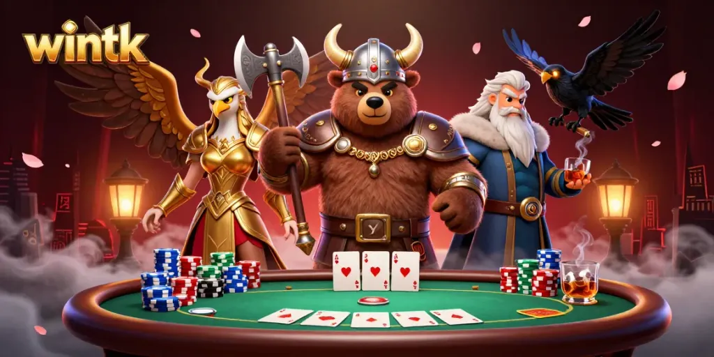 Engage in thrilling poker battles with wintk’s captivating 3D casino scene featuring Viking characters.
