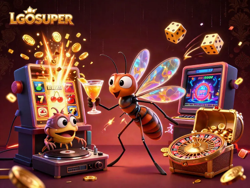 Experience excitement with LGOSUPER as a frozen mosquito mascot holds a golden cocktail amid vibrant casino elements.