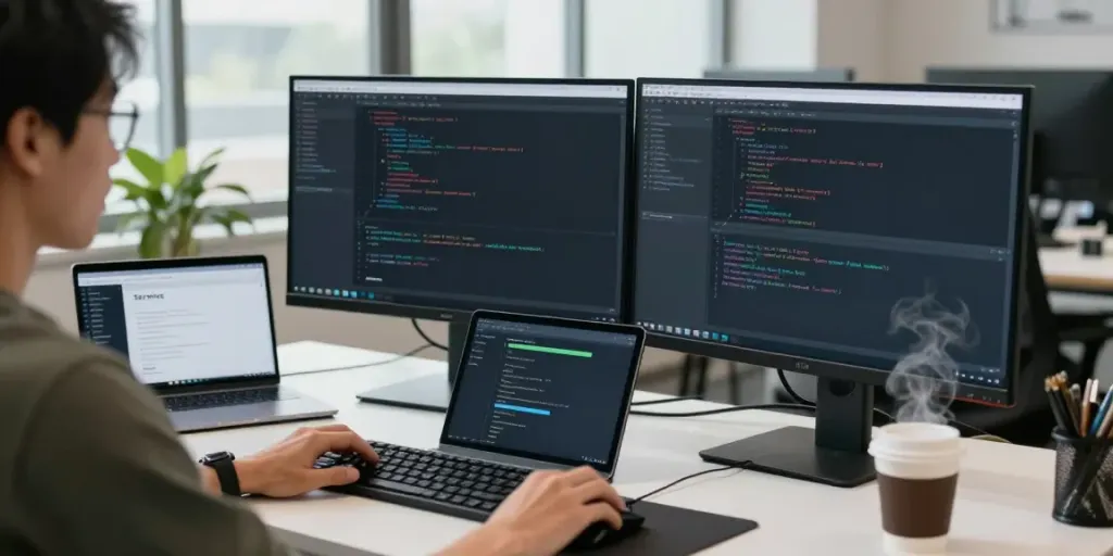 Developer managing a root access VPS in a modern tech workspace