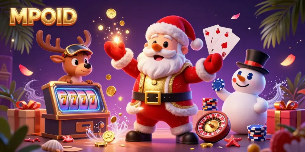 MPOID showcases a festive 3D scene where Santa celebrates casino wins with friends in a vibrant illustration.