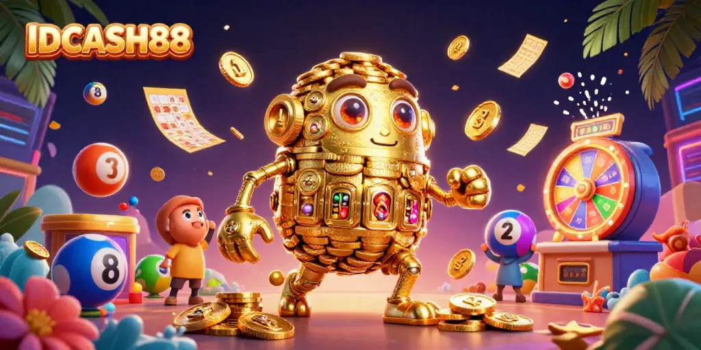 Experience exhilarating gaming with IDCASH88's vibrant 3D illustration of a golden golem amid lottery excitement.