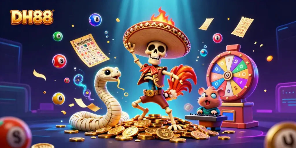 Engage with DH88's vibrant casino world featuring dynamic characters celebrating fortune amidst colorful lottery elements.