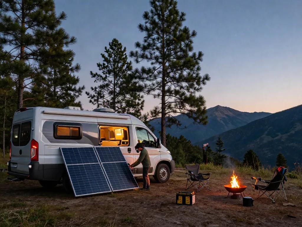 Camping scene with camper van and solar panels charging lithium RV battery.