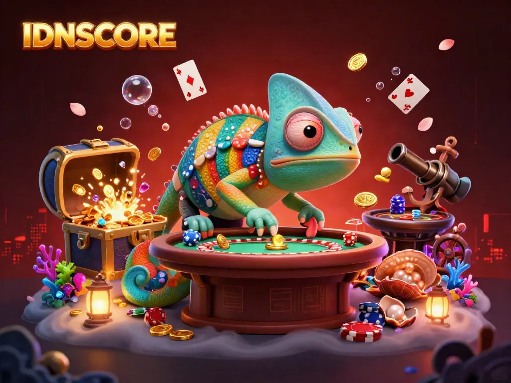 IDNSCORE showcases vibrant gaming energy with a colorful chameleon casino owner amidst gambling treasures.