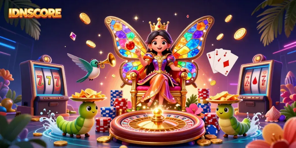 Play and win at IDNSCORE with vibrant 3D illustrations showcasing casino elements and characters.