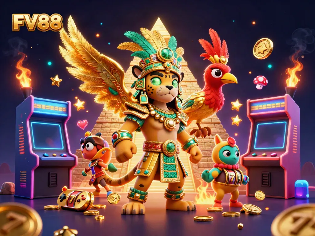 Experience thrilling moments at FV88 with a vibrant Mayan casino illustration showcasing colorful gaming elements.