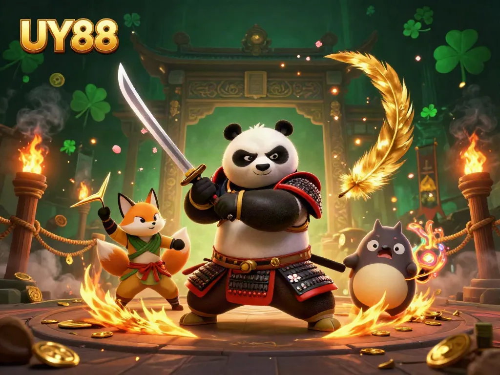 Engage in thrilling gameplay with UY88's dynamic online casino atmosphere featuring samurai, fox, and tanuki.