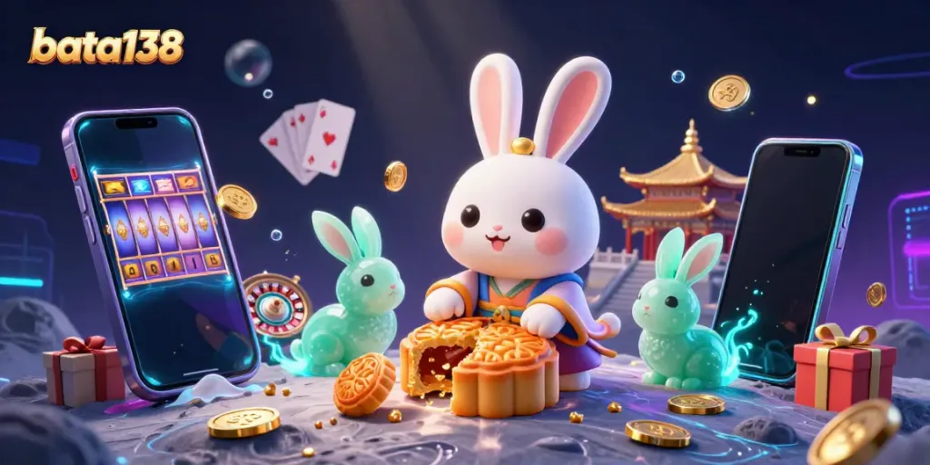 Bata138's moon rabbit pounds mooncakes revealing poker chips, surrounded by casino elements.