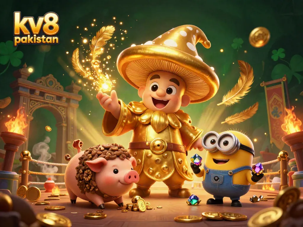 Experience the magic of kv8 pakistan with a golden mushroom wizard and treasure-hunting pig amidst a thrilling casino scene.