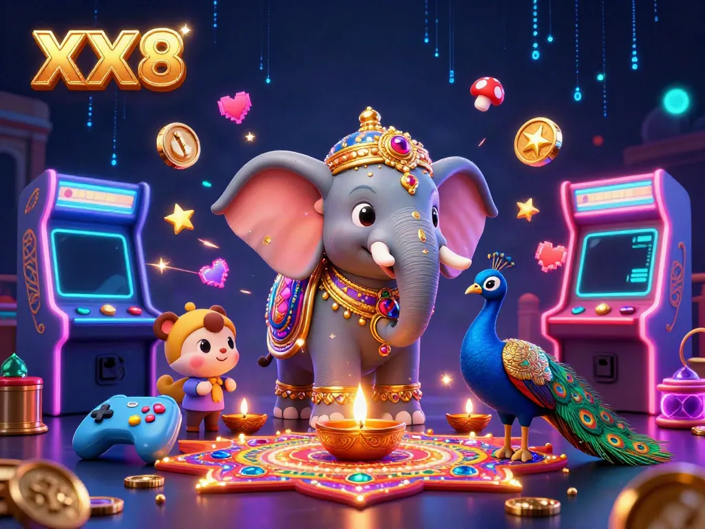 Engage with XX8's vibrant gaming universe, featuring an ornate elephant and peacock in a casino-themed scene.