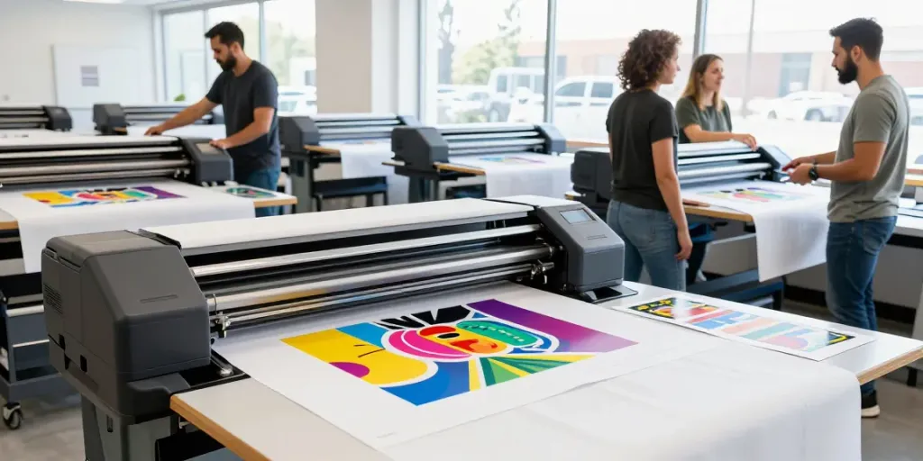 Vibrant DTF gang sheets being printed in a Sacramento print shop.