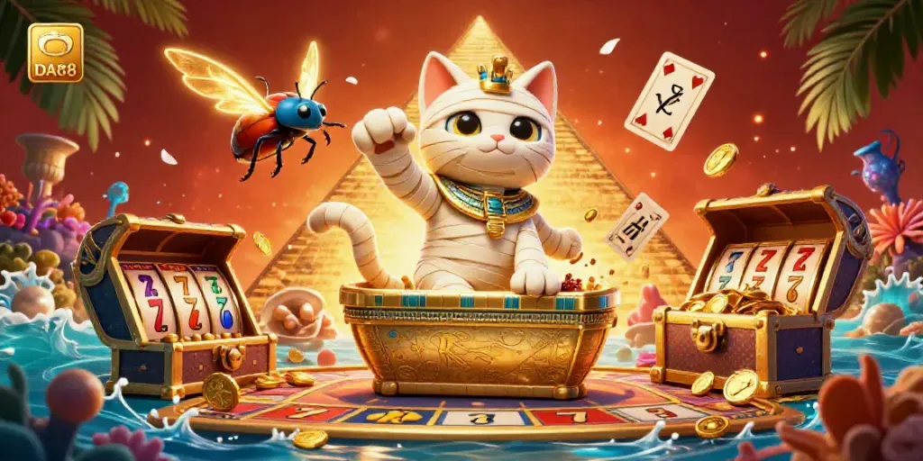 DA88 pyramid casino illustration featuring an Egyptian mummy cat and glowing scarab along with vibrant gaming elements.