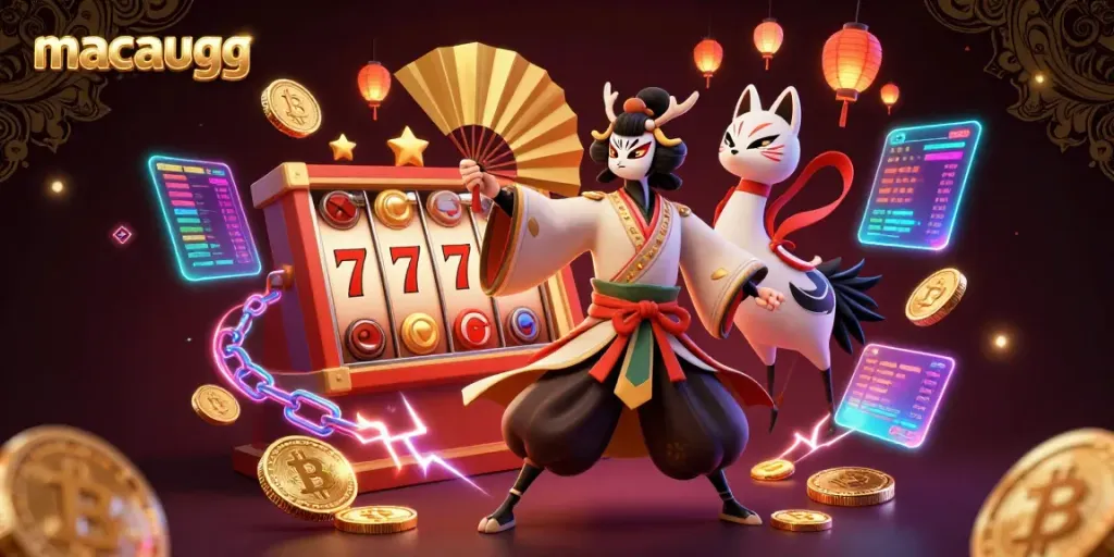 Experience the vibrant gaming world of macaugg with a kabuki warrior crane and thrilling slot elements.