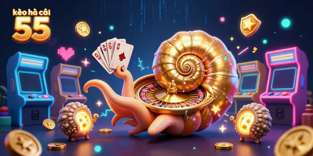 Engage with kèo nhà cái 55 through this vibrant 3D casino illustration featuring a giant nautilus as a roulette wheel.