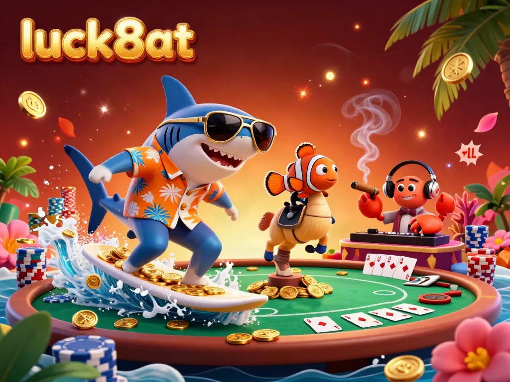 Engage with luck8at's vibrant world of casino gaming, featuring a playful shark and colorful poker elements.