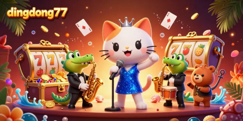 Experience the vibrant casino atmosphere with dingdong77's dynamic characters performing amidst a sea of game elements.
