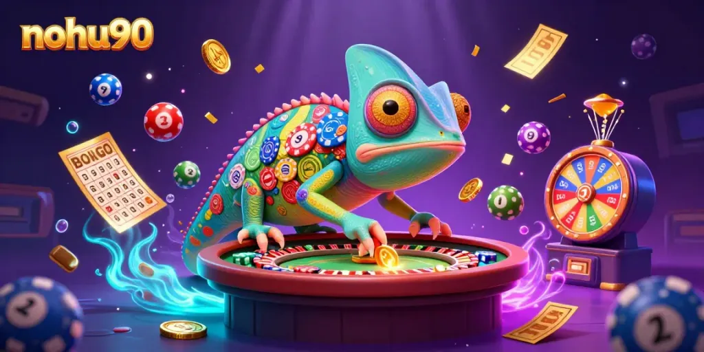 Engage in thrilling nohu90 casino experiences with a vibrant 3D chameleon owner amidst dynamic game elements.
