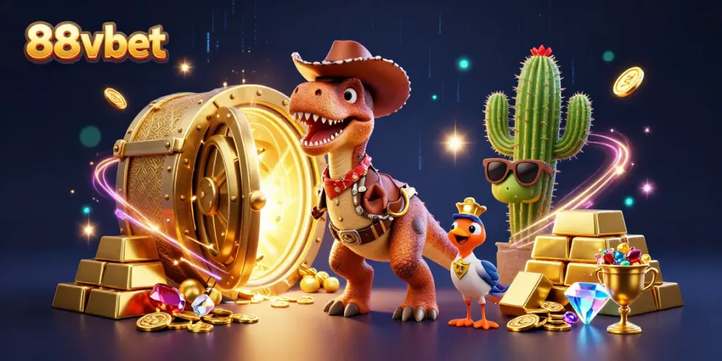 Experience exciting gameplay with 88vbet, featuring a T-Rex cowboy and treasures in this dynamic casino scene.