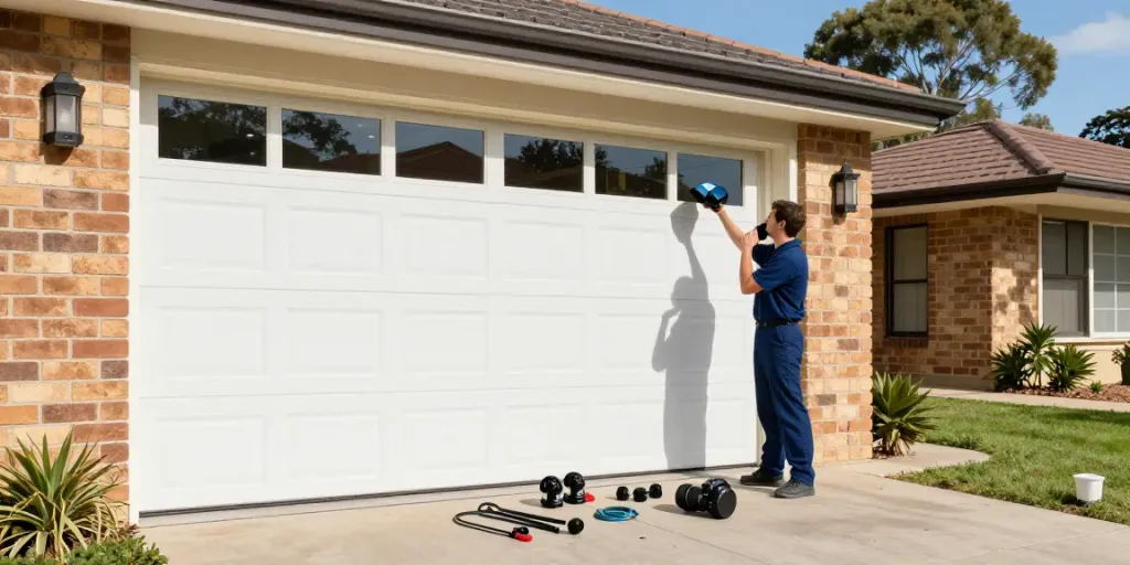 Technician providing garage door services in my area on a sunny day in Perth.