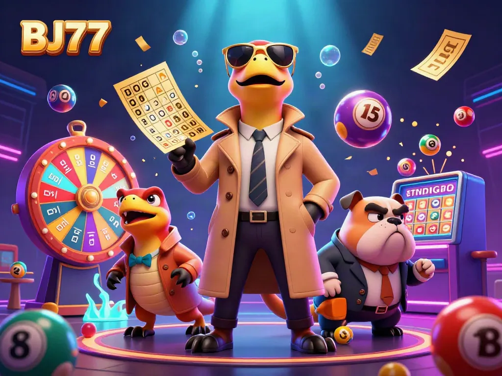 Watch BJ77 as three raptors masquerade to enter a VIP casino lounge amidst a colorful lottery scene.