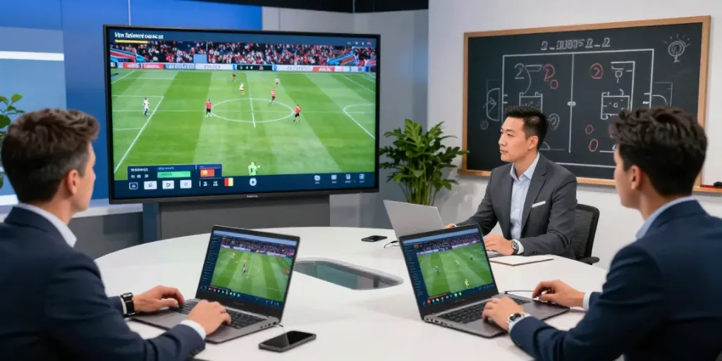 TOP10FOOTBALL analysis scene with experts discussing player stats and game highlights in a modern studio setting.